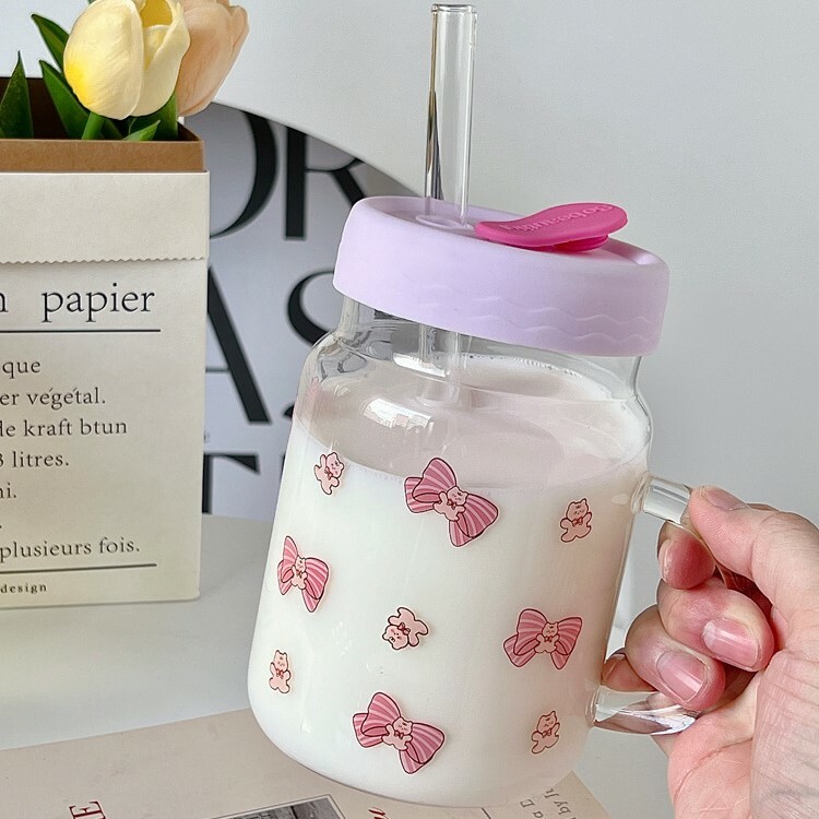 《2801》蝴蝶結鬱金香兔兔把手吸管杯800ML
