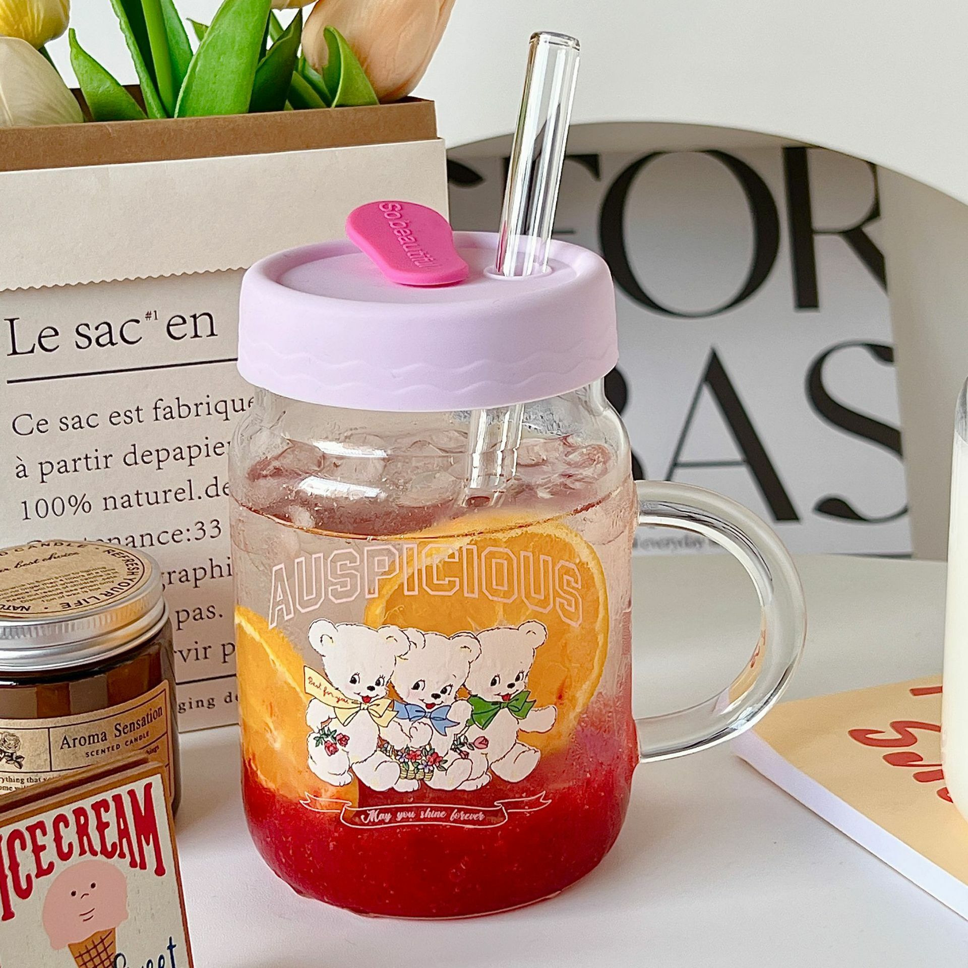 《2802》少女美式兔兔小熊把手吸管杯800ML