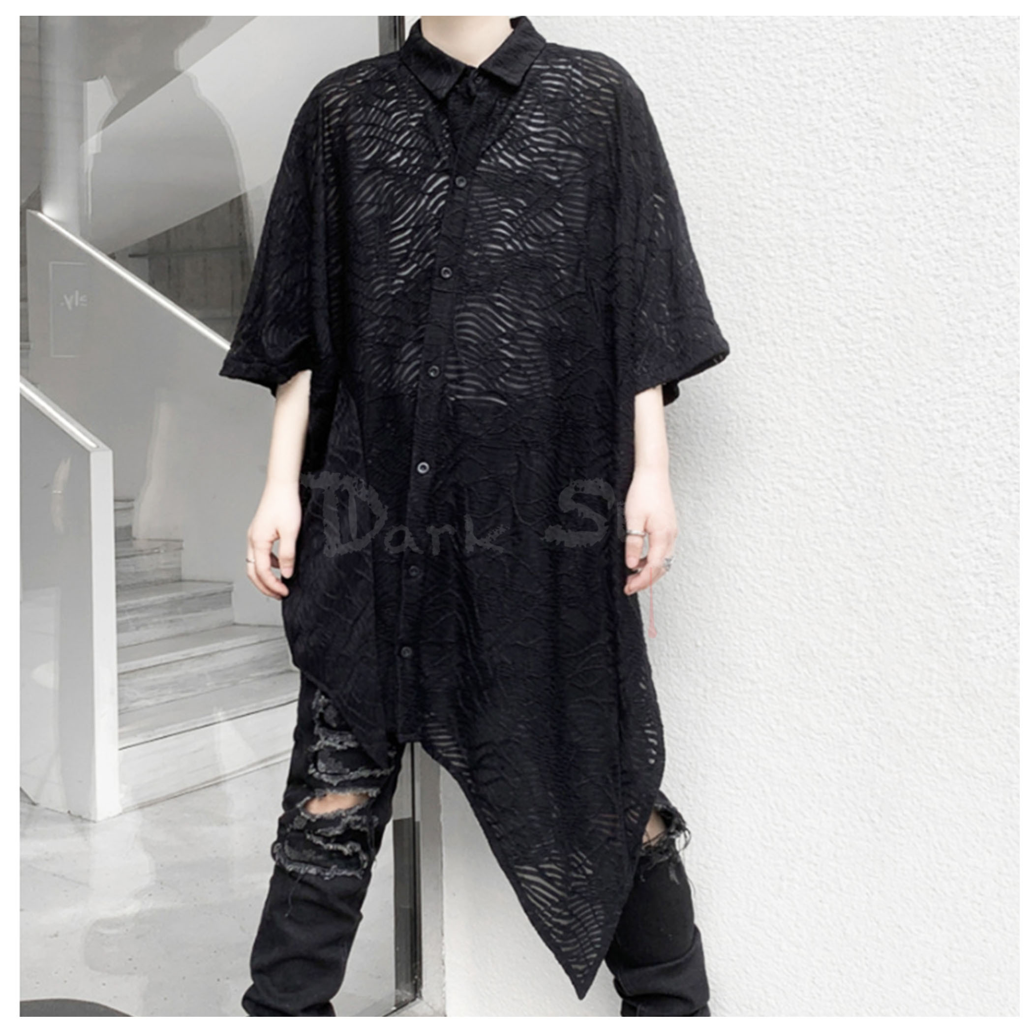 無影-縷空斜擺襯衫領罩衫 (長版)