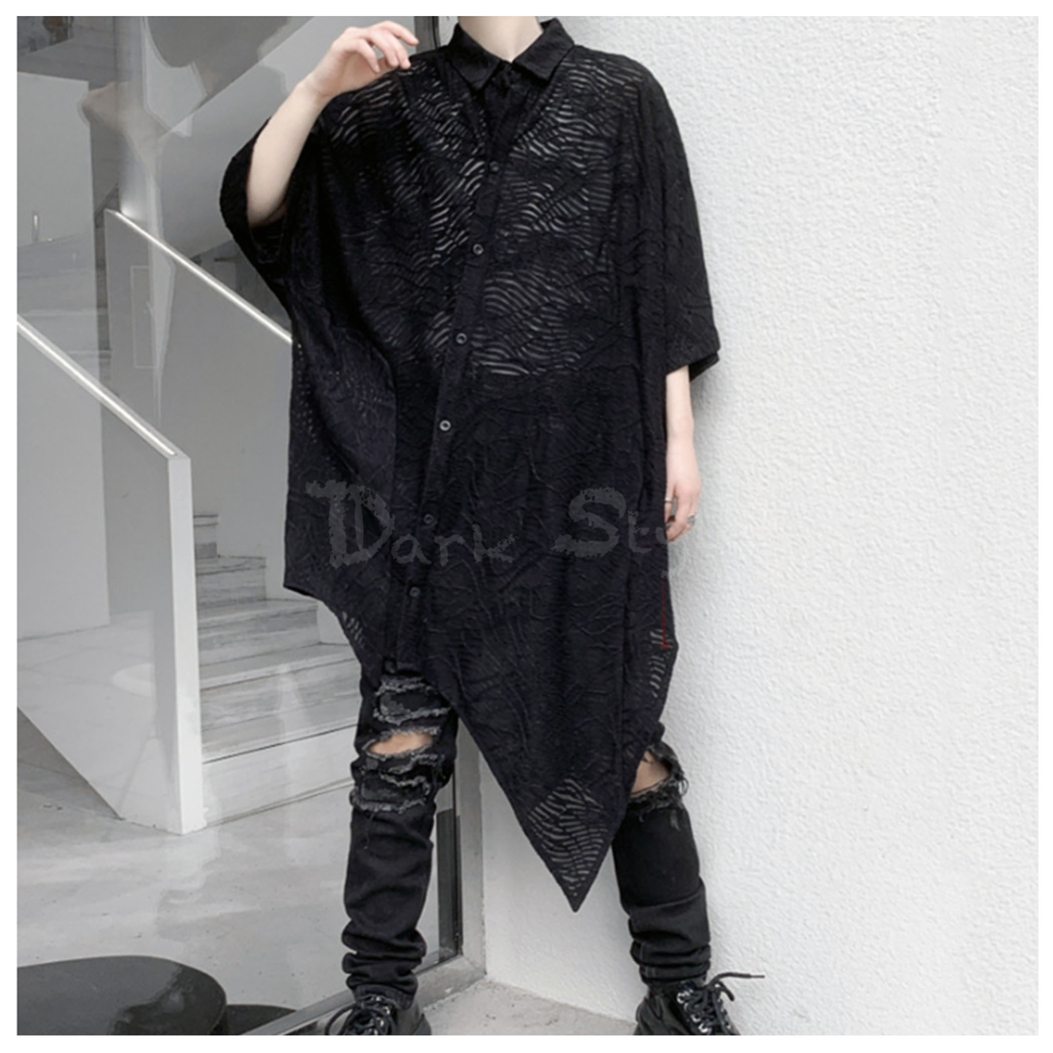 無影-縷空斜擺襯衫領罩衫 (長版)