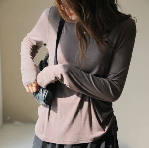 Long sleeve T-shirt, round neck side drawstring undershirt