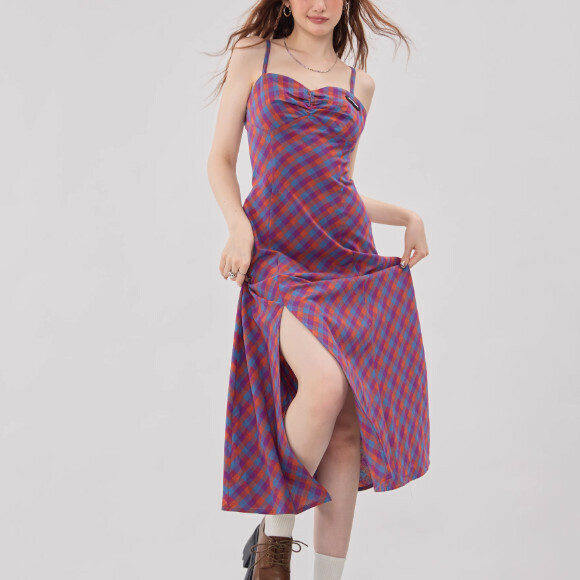 Contrasting cinched waist, split slip plaid dress