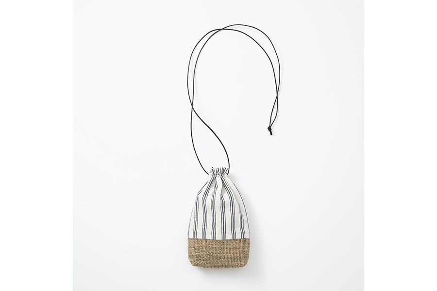 中川政七-會津木綿束口斜背包/白青細縞