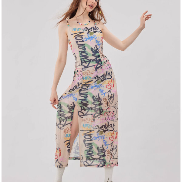 Graffiti-print waist-length slip dress