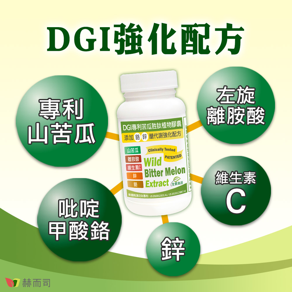 DGI配方！赫而司DGI專利苦瓜胜肽含有專利山苦瓜、左旋離胺酸、吡啶甲酸鉻、活力鋅、維生素C