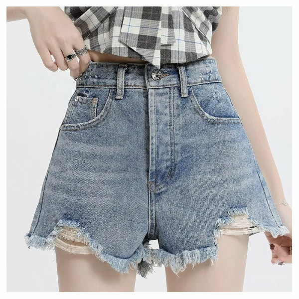 Raw-edged wide-leg denim shorts women's summer