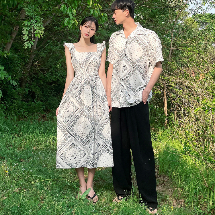 佩斯利情侶穿搭｜渡假洋裝 x 韓版寬襯衫