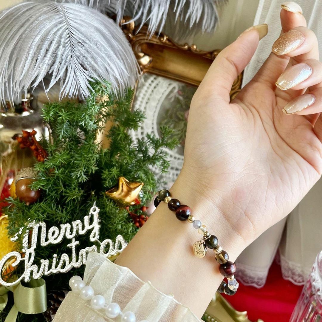 ☽◌*紅心凱瑟琳／紅虎眼．茶晶．黑金曜石．黃水晶