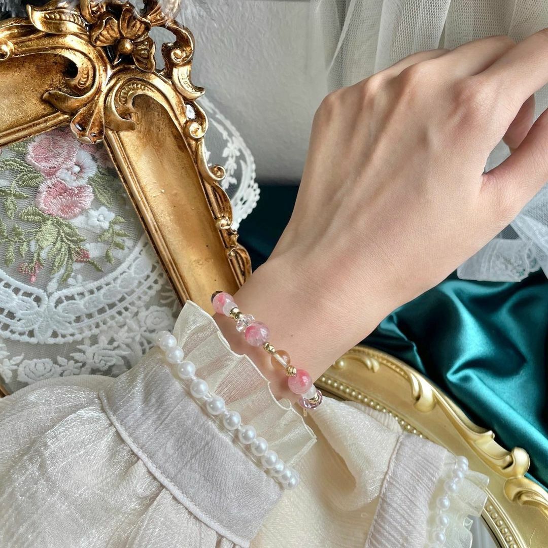 ☽◌*雪融櫻花雨／玉化薔薇輝石．黃水晶．月光石