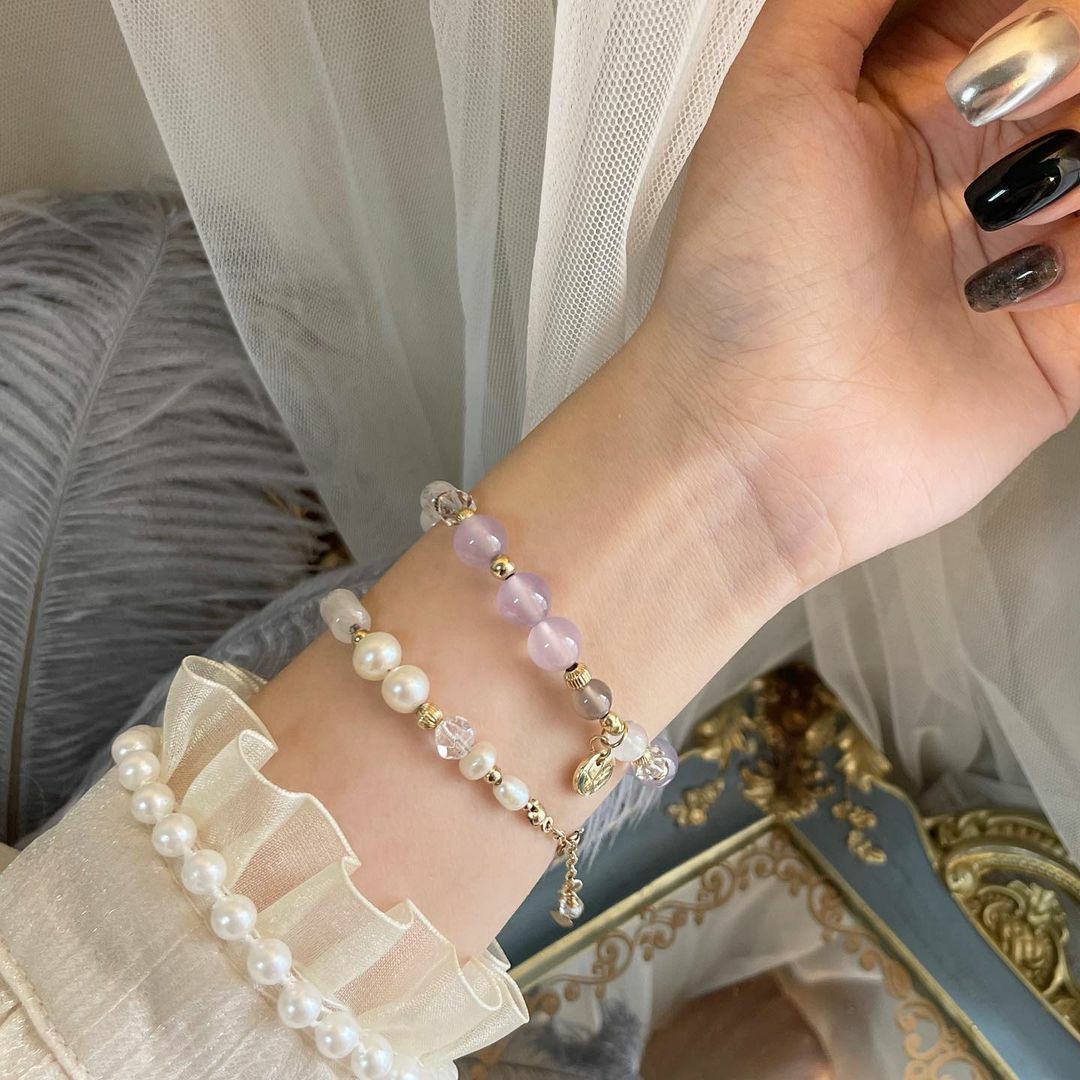 ☽◌*春日風信子／奶油紫玉隨．月光石．灰瑪瑙．和闐玉