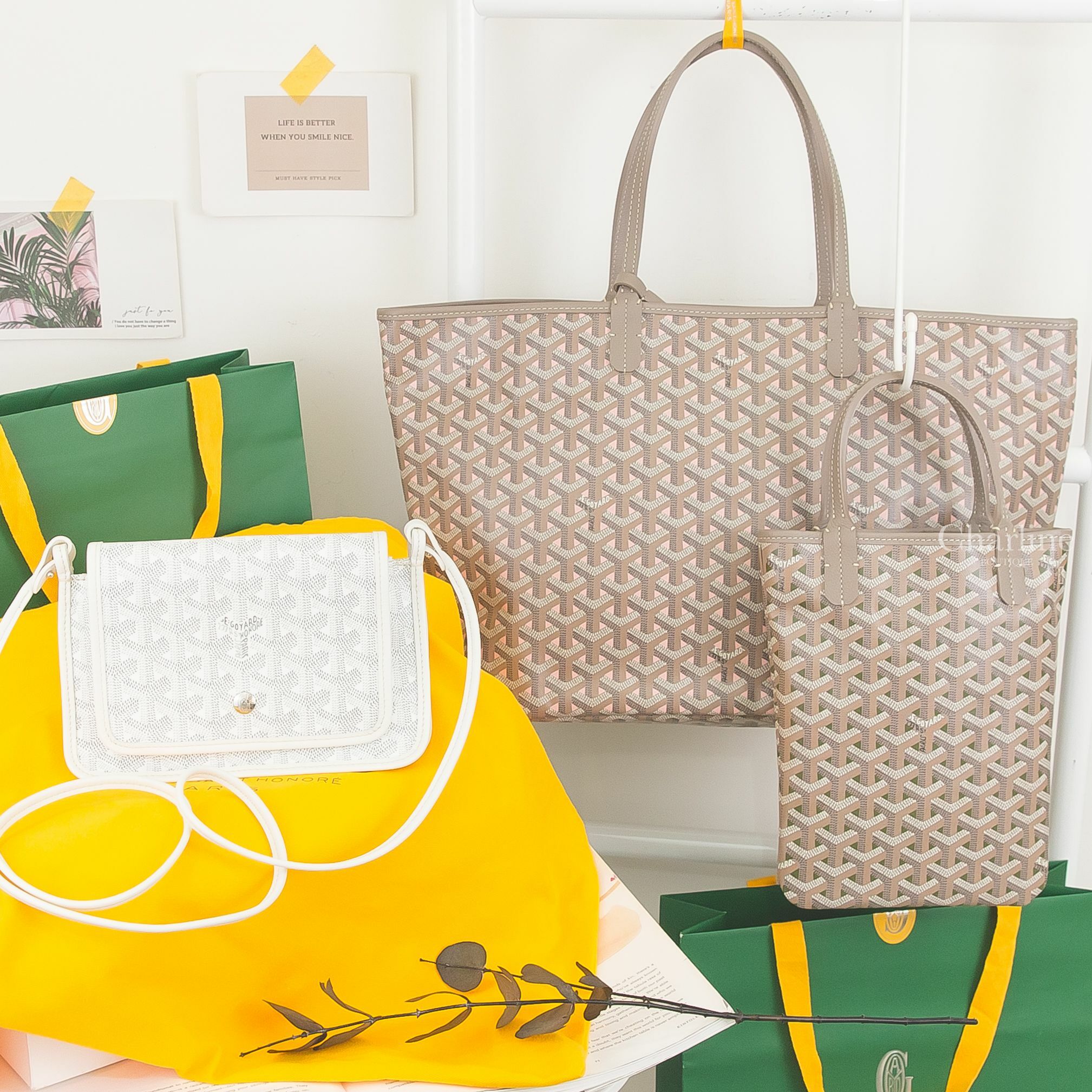Goyard Poitiers Claire-voie Bag 170週年限定款綠色/灰提把無拉鍊手提肩背包,Goyard 170週年限定款粉色/灰提把小型無拉鍊托特包,Goyard 白色小牛皮肩背包-Charline Boutique 精品代購