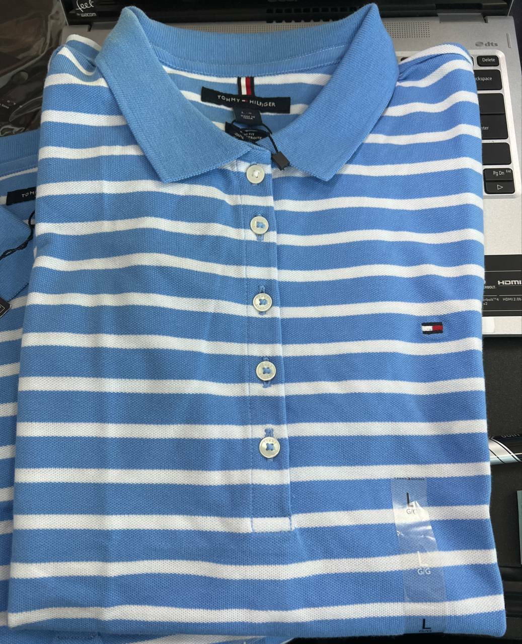 [S] TOMMY HILFIGER SLIM FIT STRIPE POLO,BLUE BURST MULTI,BLUE, 76J3639-430 (STH347)