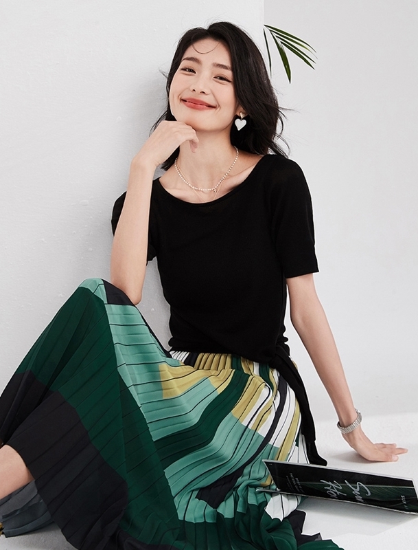 多彩配色百褶裙 綠色