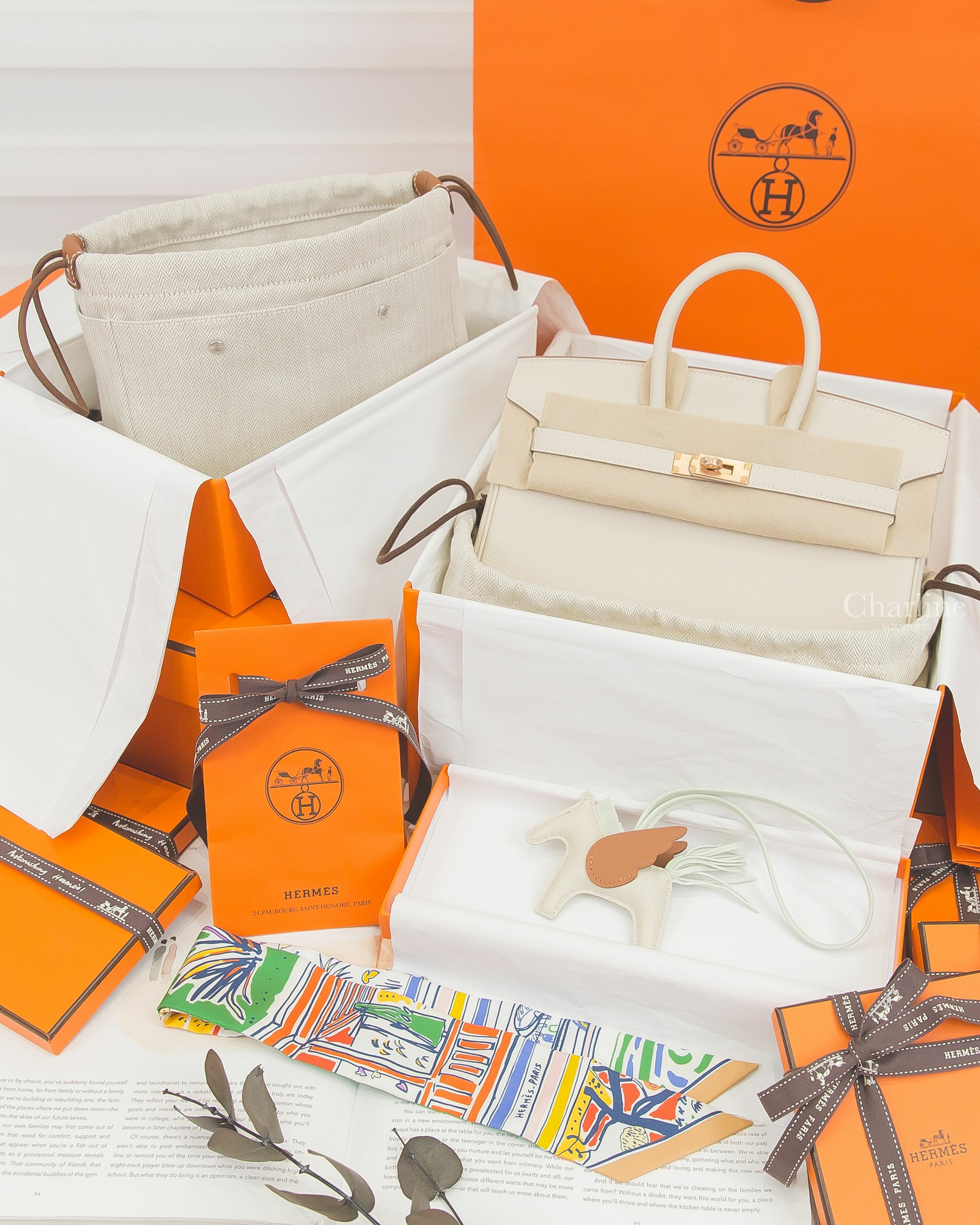 Hermès Birkin 25cm 10 Craie 奶昔白玫瑰金釦,Hermès 自然色帆布拼棕色小牛皮內袋,Hermès 奶昔白/氣泡綠/焦糖色小型飛馬吊飾,綠色/藍色/彩色/手繪塗鴉絲巾-Charline Boutique 精品代購
