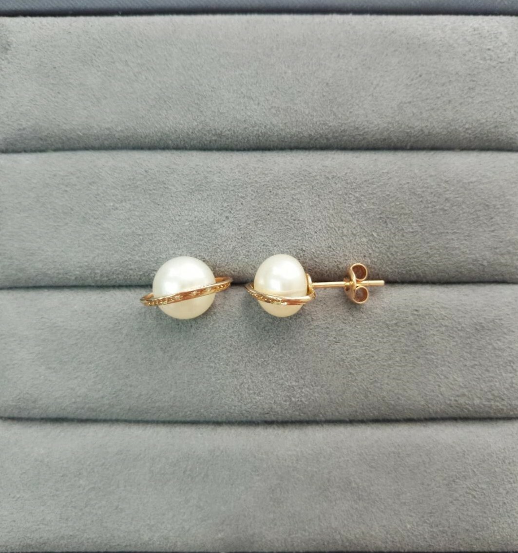 14K Rose Gold Saturn Pearl Diamond Earrings