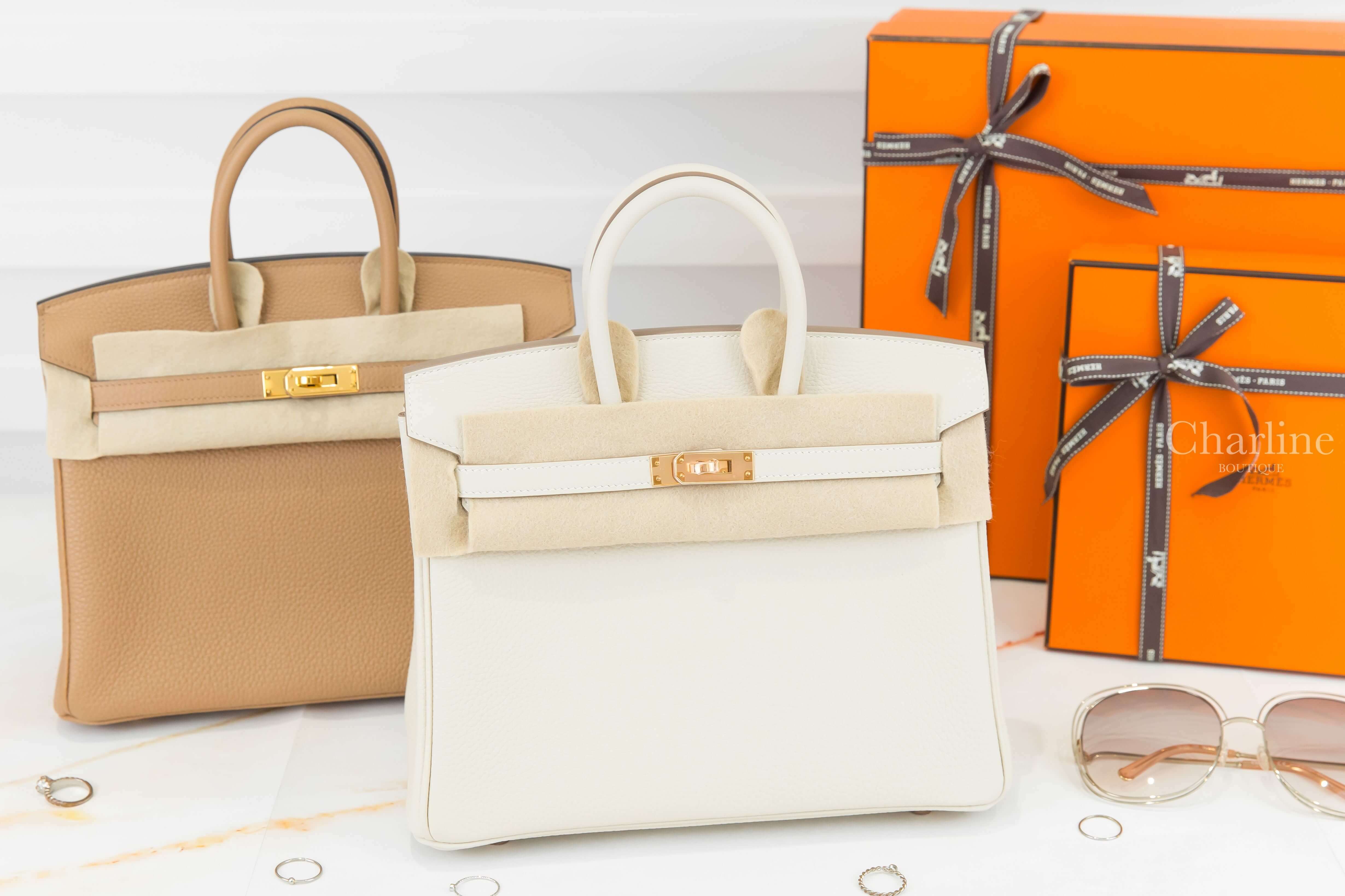 Hermès Birkin 25cm 10 Craie Togo U刻奶昔白玫瑰金釦鉑金包,Hermès Birkin 25cm 0M Chai Togo U刻馬薩拉茶色金釦鉑金包-Charline Boutique 精品代購
