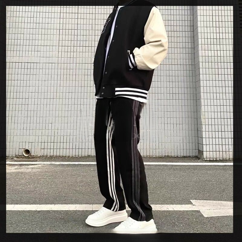 22S 韓國NICE自創 條紋闊腿褲 百搭寬鬆運動休閒抽繩直筒長褲 休閒長褲