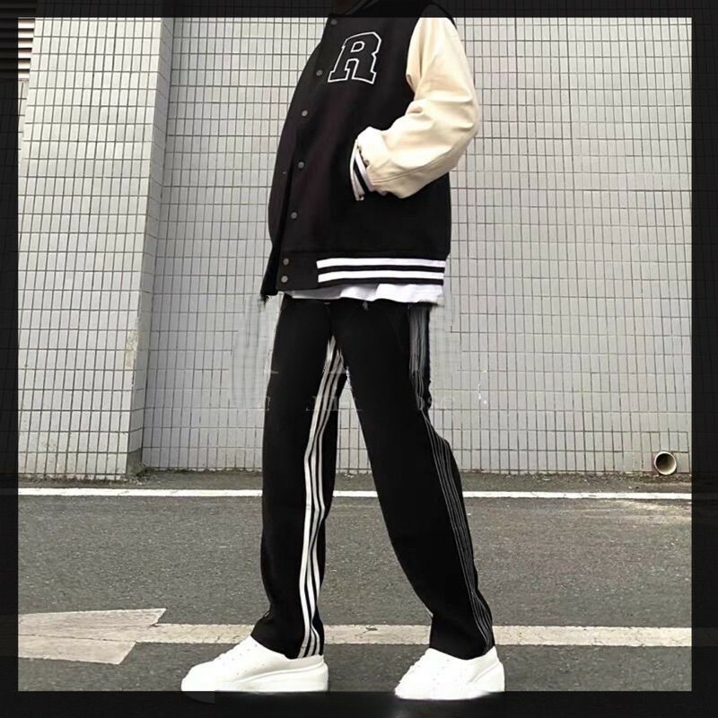 22S 韓國NICE自創 條紋闊腿褲 百搭寬鬆運動休閒抽繩直筒長褲 休閒長褲