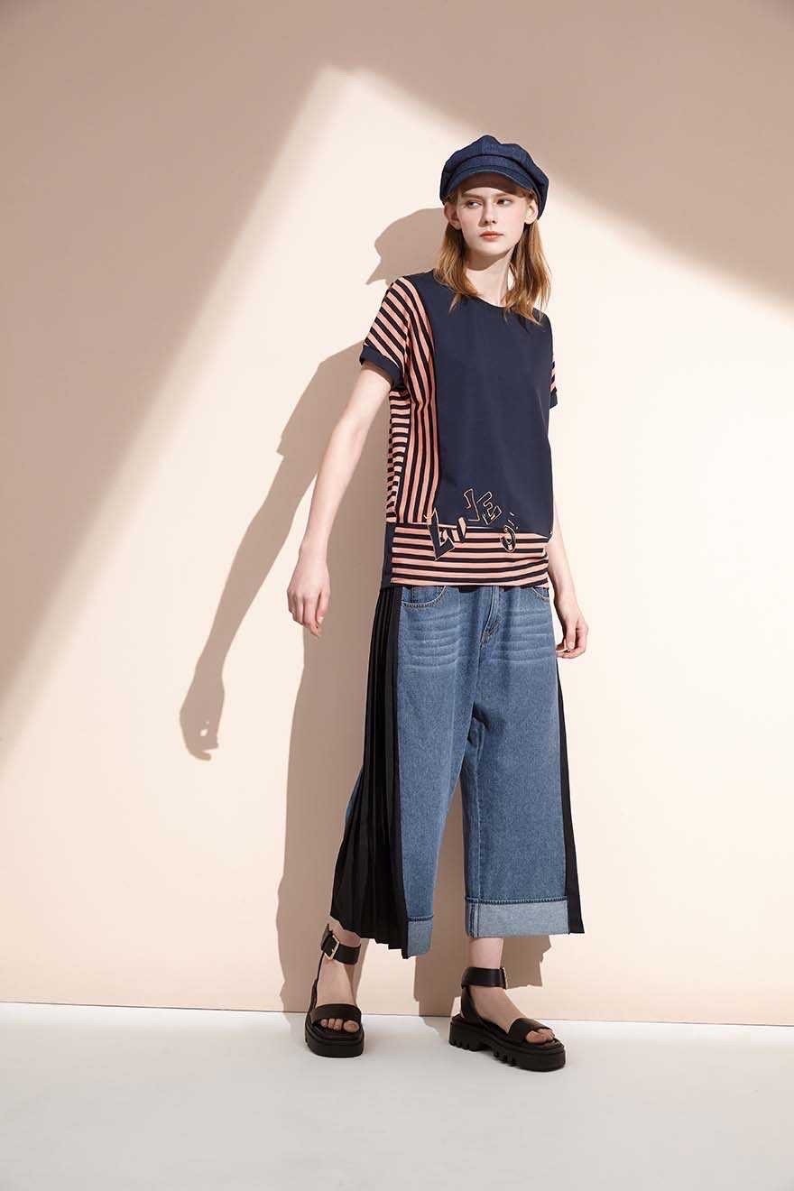 韓系時尚撞色拼接條紋字母修身棉T S6661