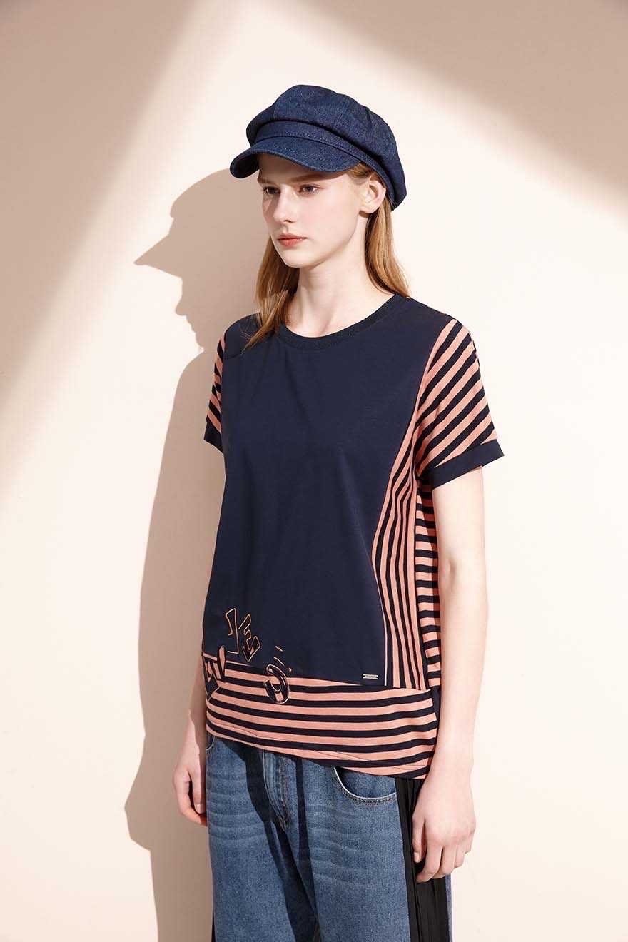 韓系時尚撞色拼接條紋字母修身棉T S6661