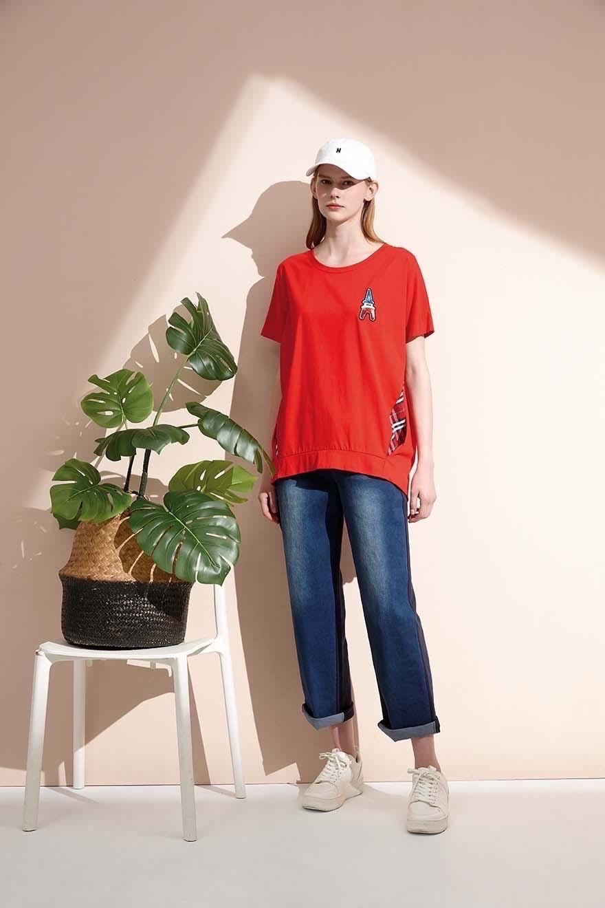 韓系時尚潮風牛仔拼接寬管修腿長褲S6702