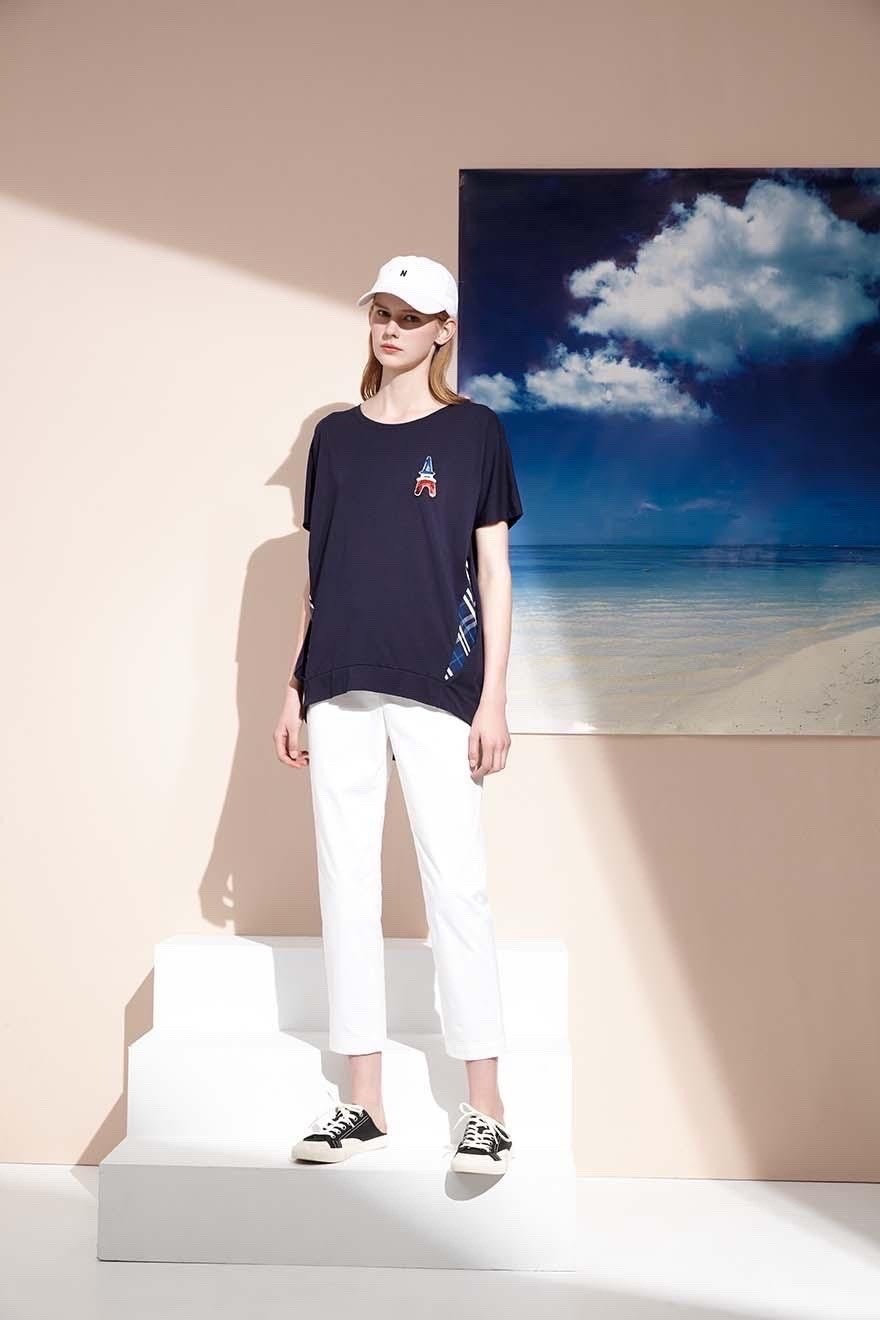 韓系時尚潮風經典格紋拼接寬鬆修身棉T S6762