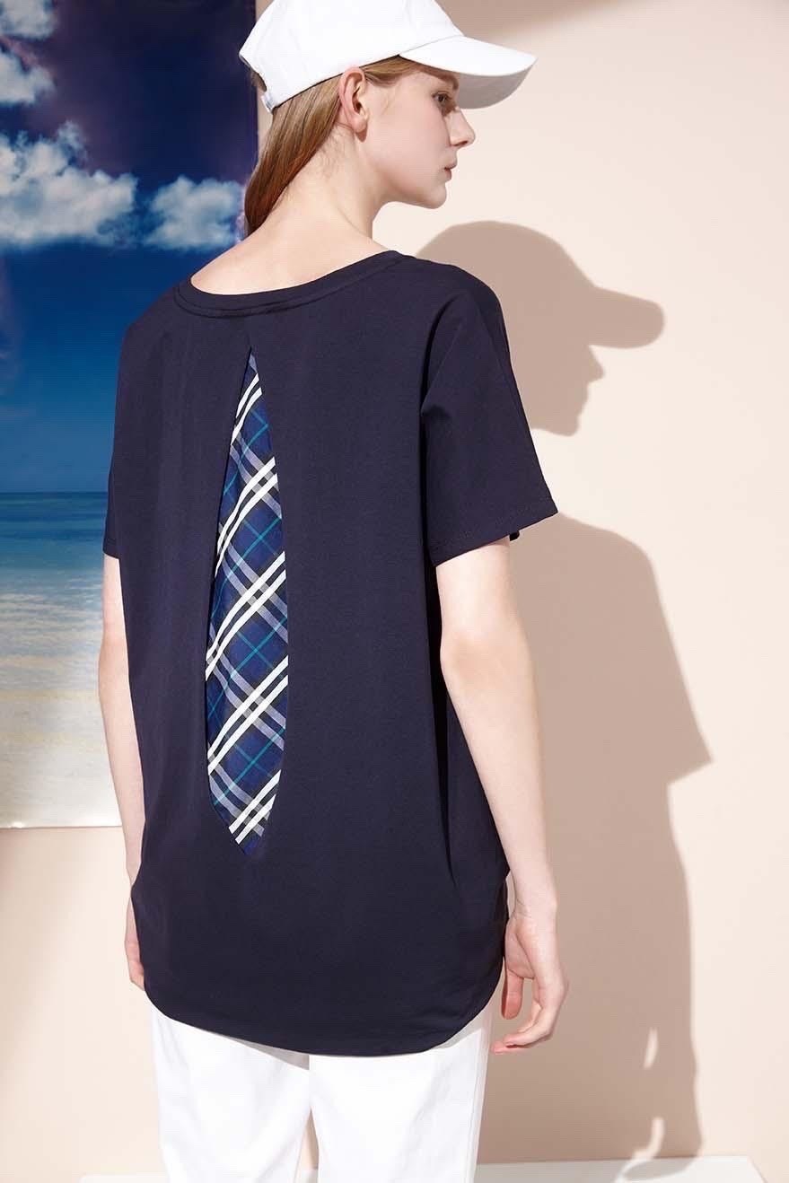 韓系時尚潮風經典格紋拼接寬鬆修身棉T S6762