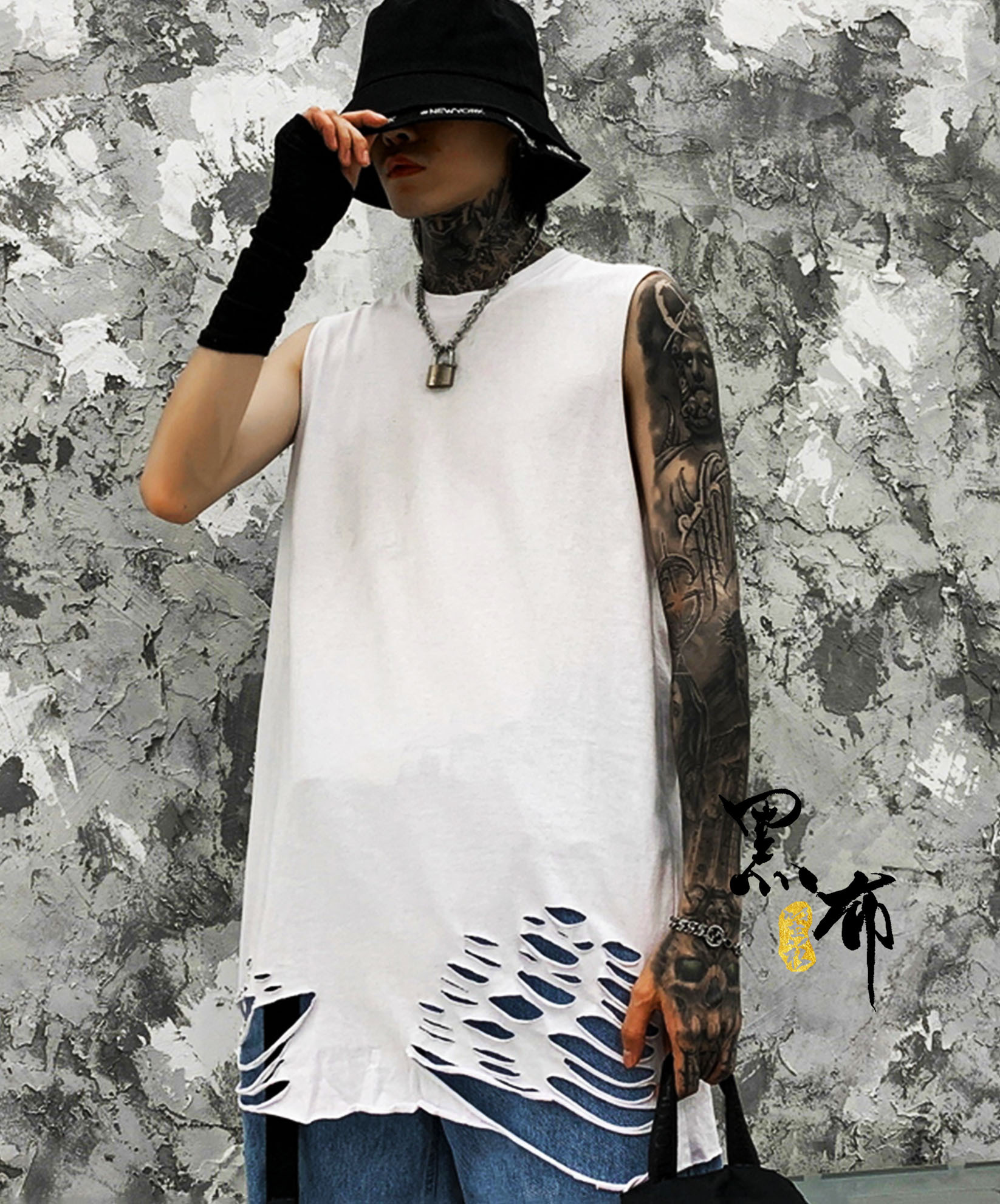 破-刮破下擺無袖長版打底衫(2色)