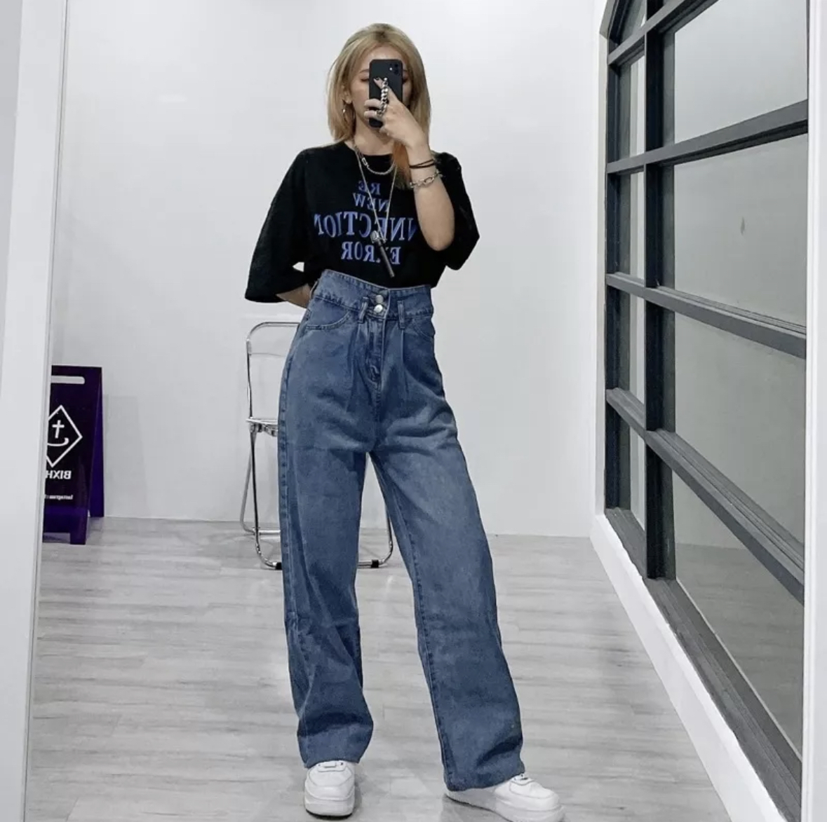 雙扣高腰牛仔寬褲(E00024)