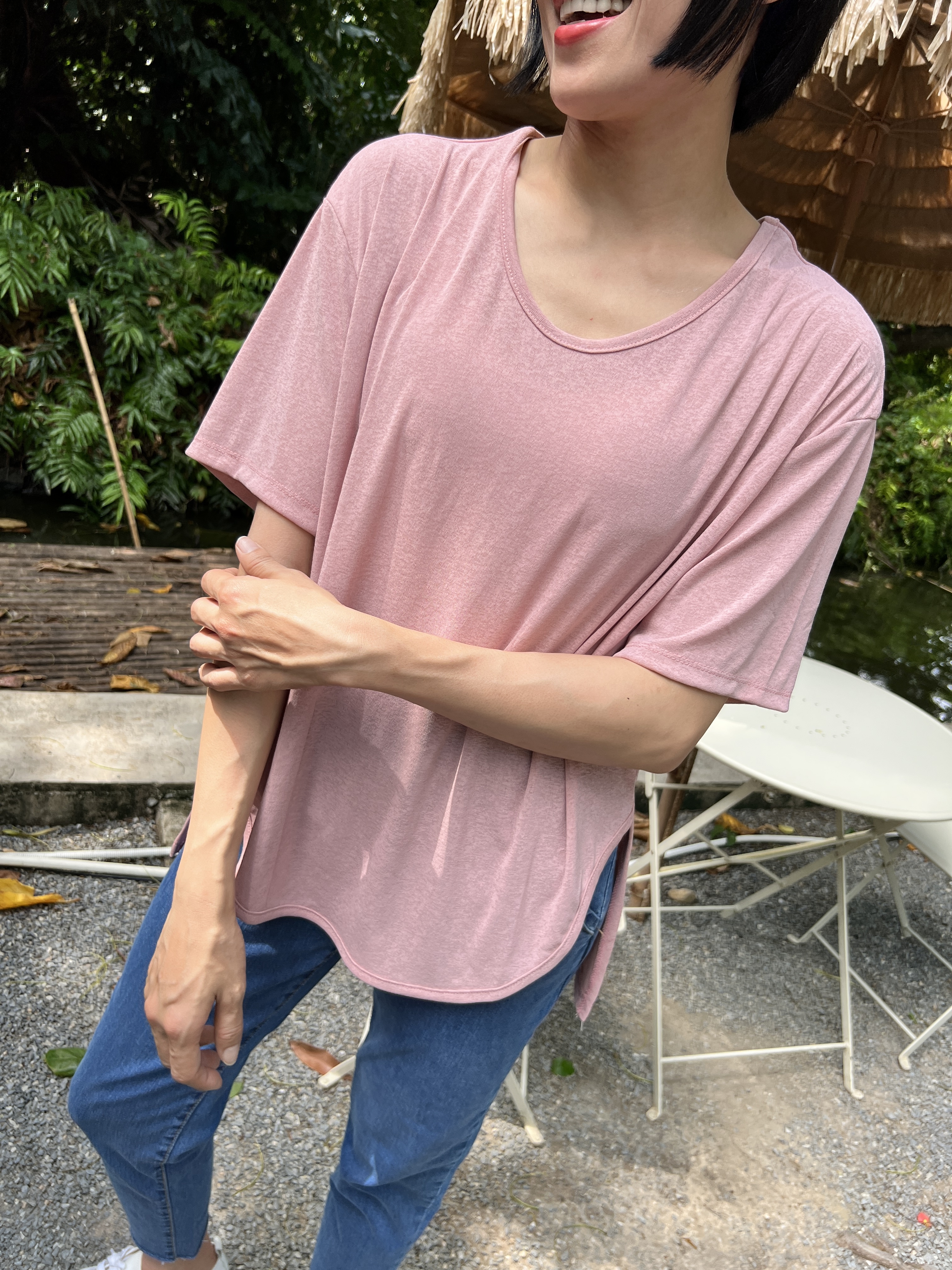 泰國超級涼爽顯瘦麻紗素T (粉)