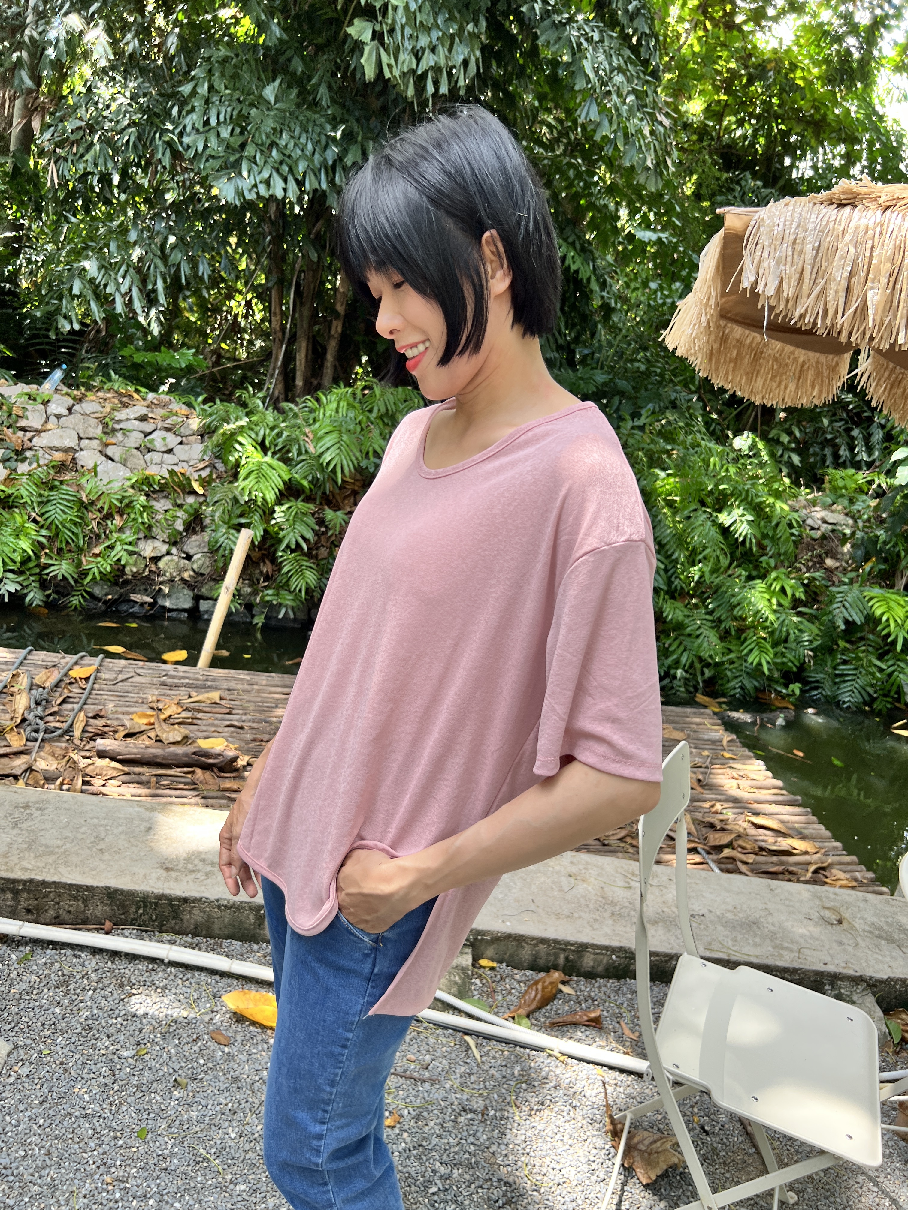 泰國超級涼爽顯瘦麻紗素T (粉)