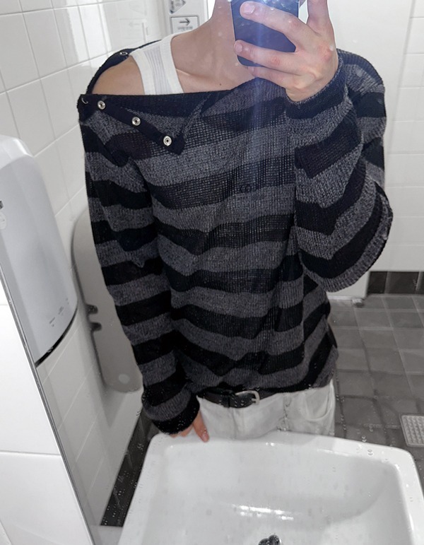 肩部按扣條紋透視長袖T恤