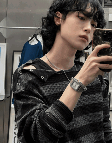 肩部按扣條紋透視長袖T恤