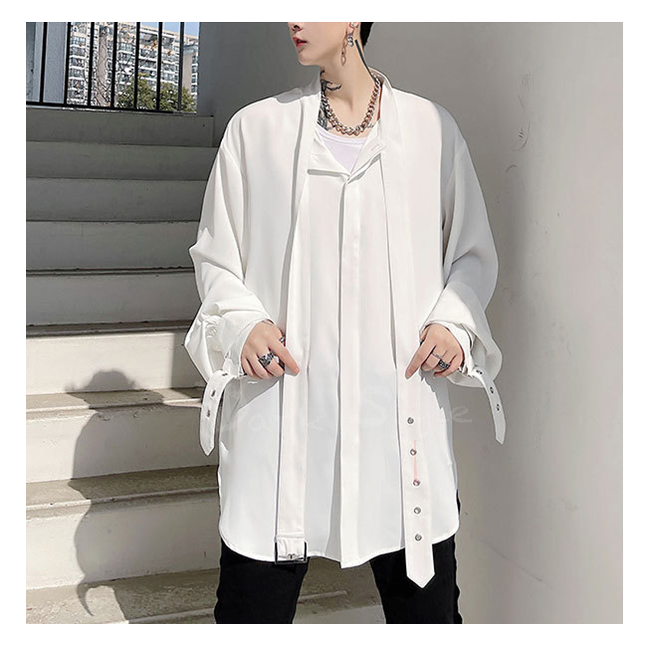 禁錮-長帶領純白中性襯衫
