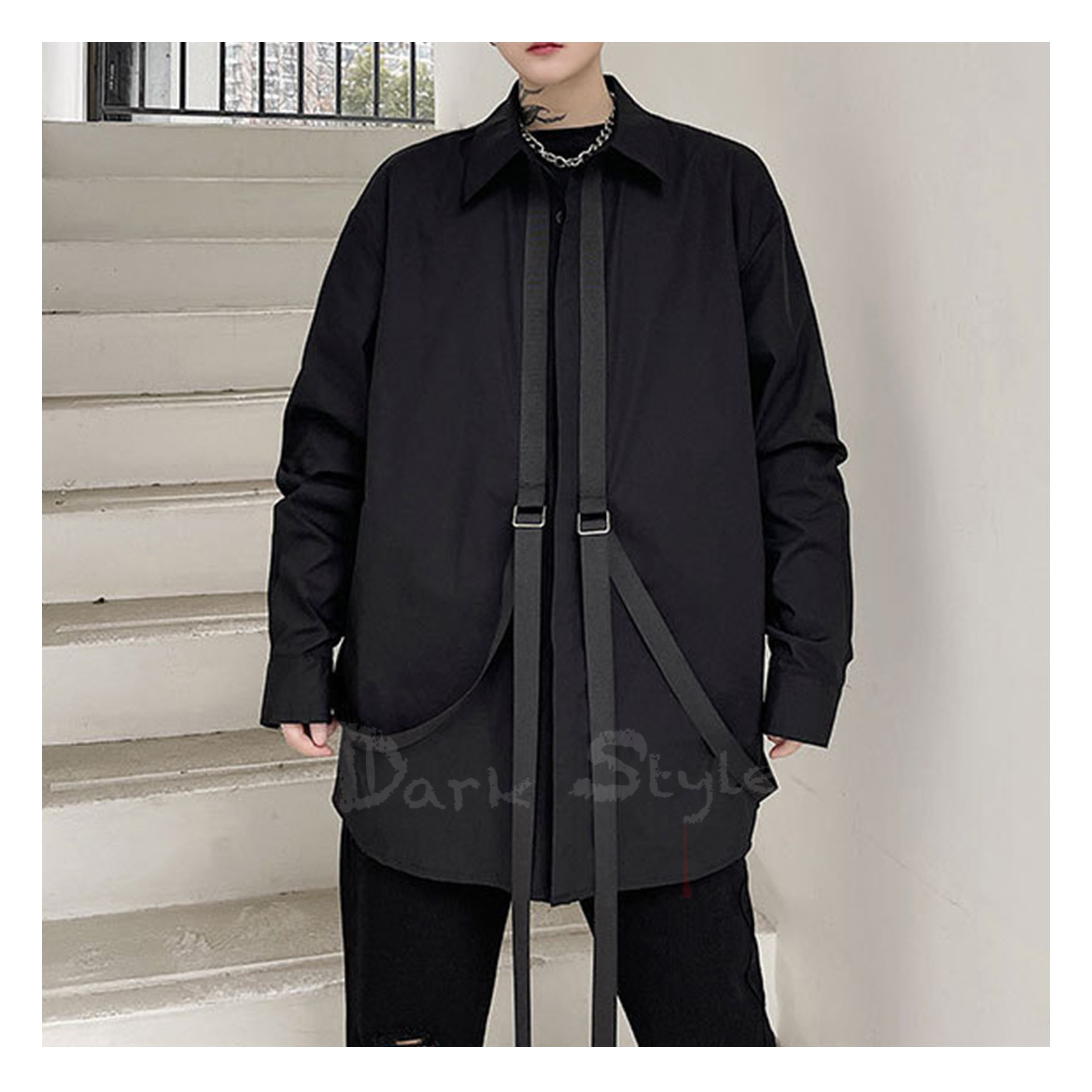 交織-闇黑織帶中性長袖襯衫