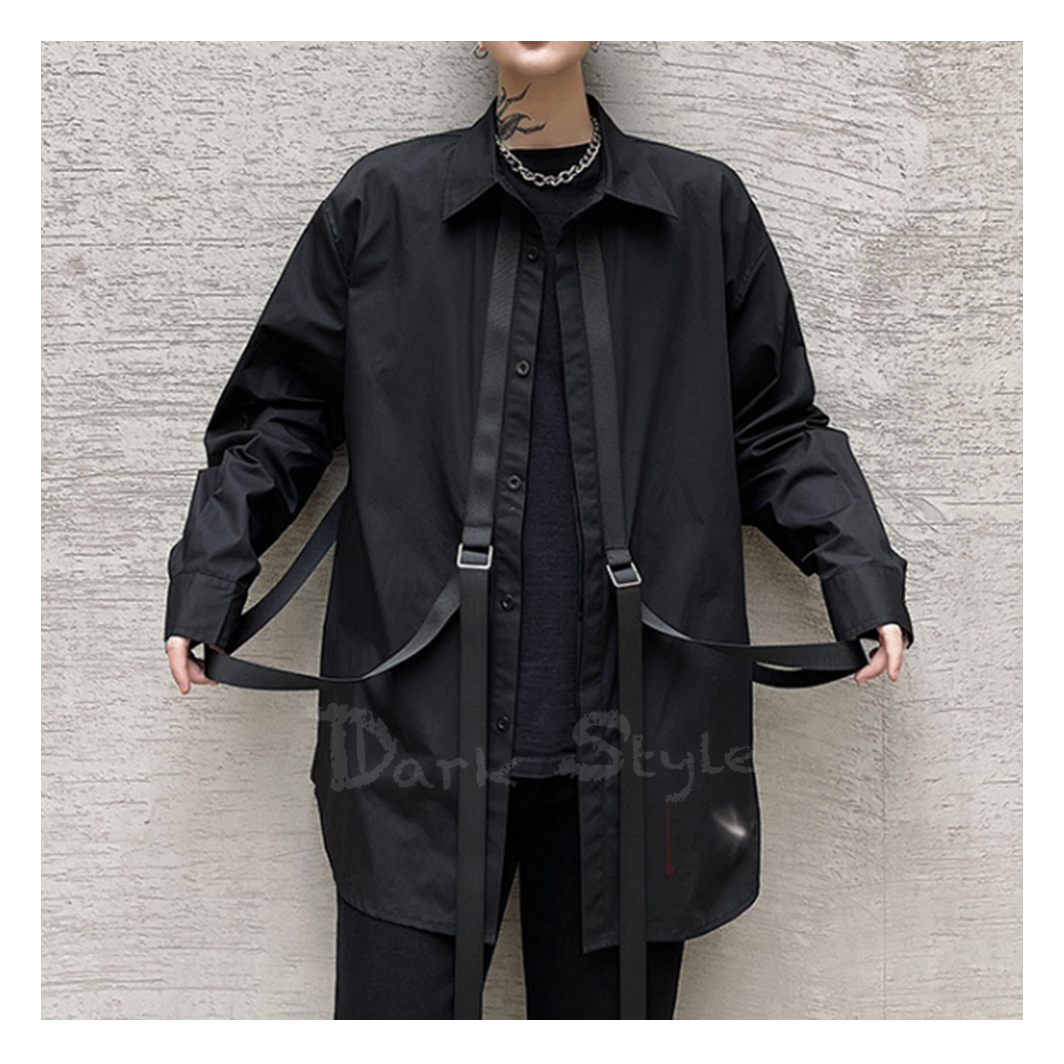 交織-闇黑織帶中性長袖襯衫