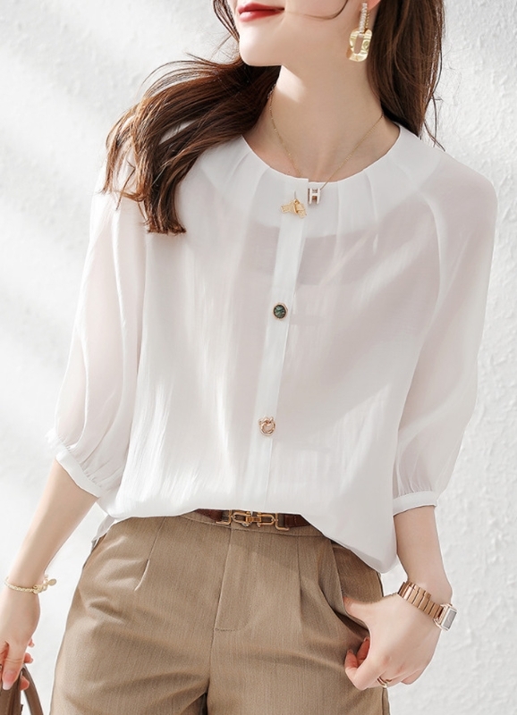 花釦五分袖襯衫 白色