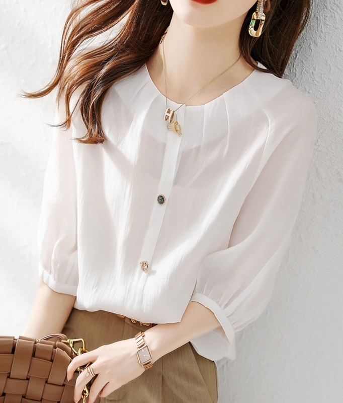 花釦五分袖襯衫 白色