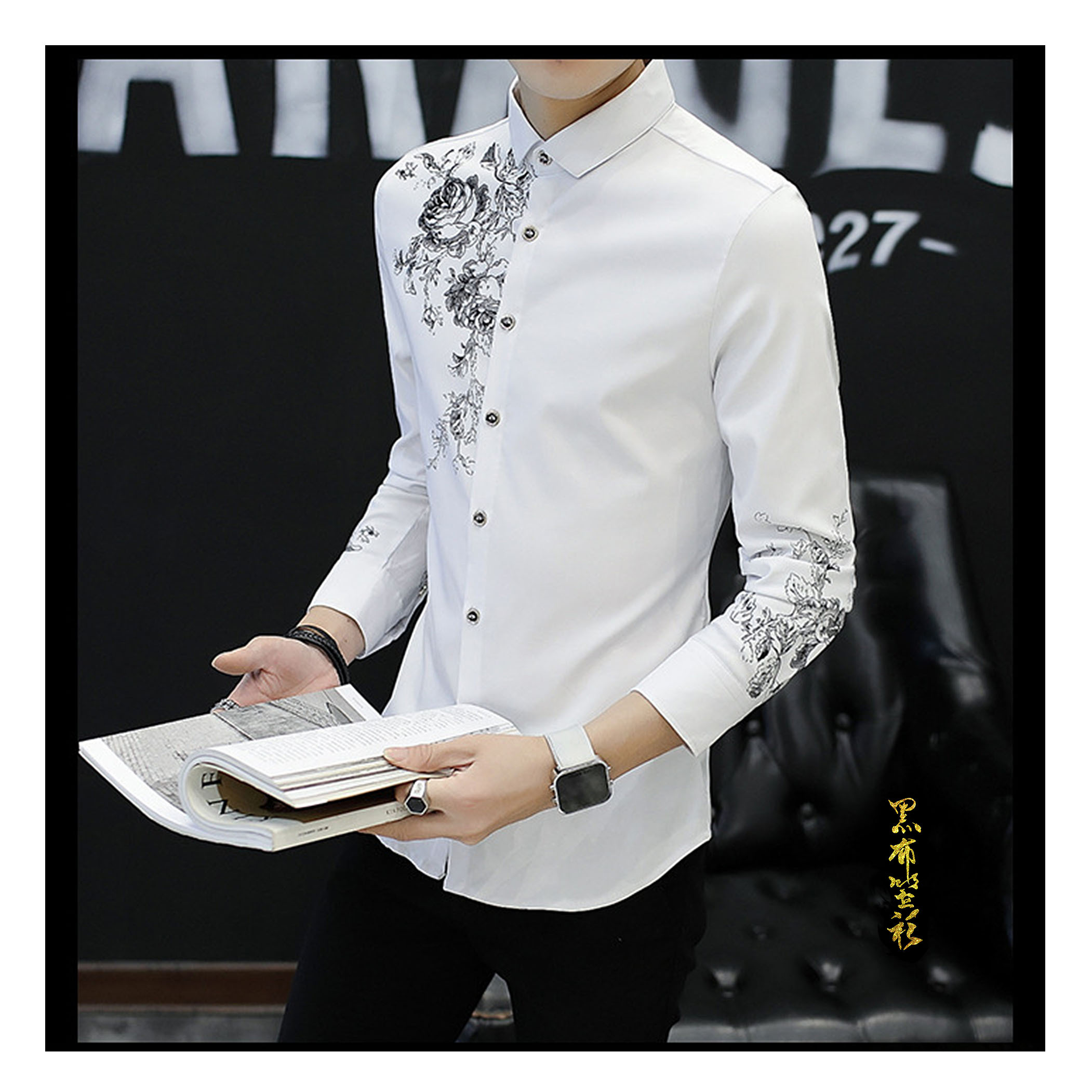 彈性修身印花中性襯衫 (圖騰/2色)