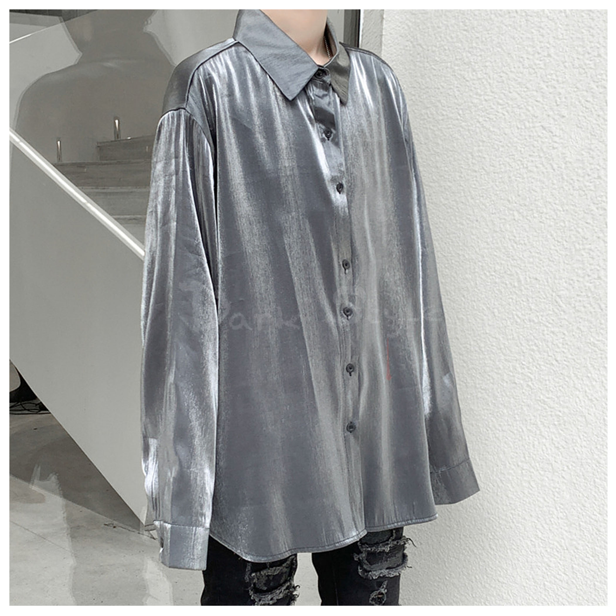 銀-亮面絨布中性長袖襯衫