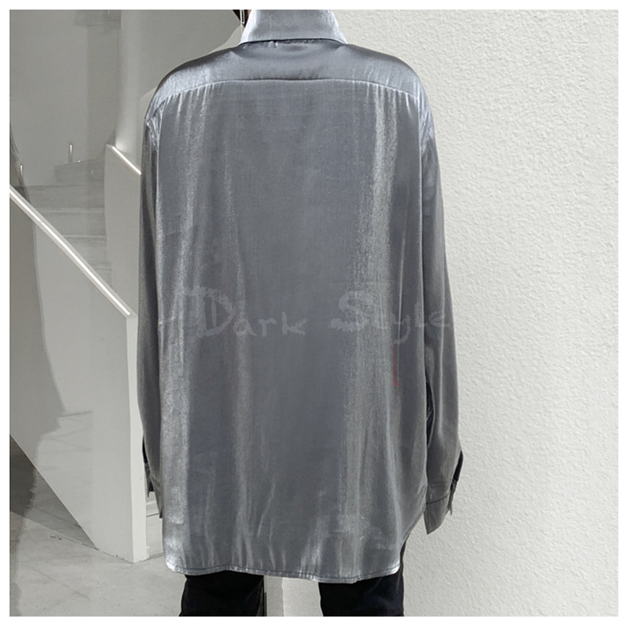 銀-亮面絨布中性長袖襯衫