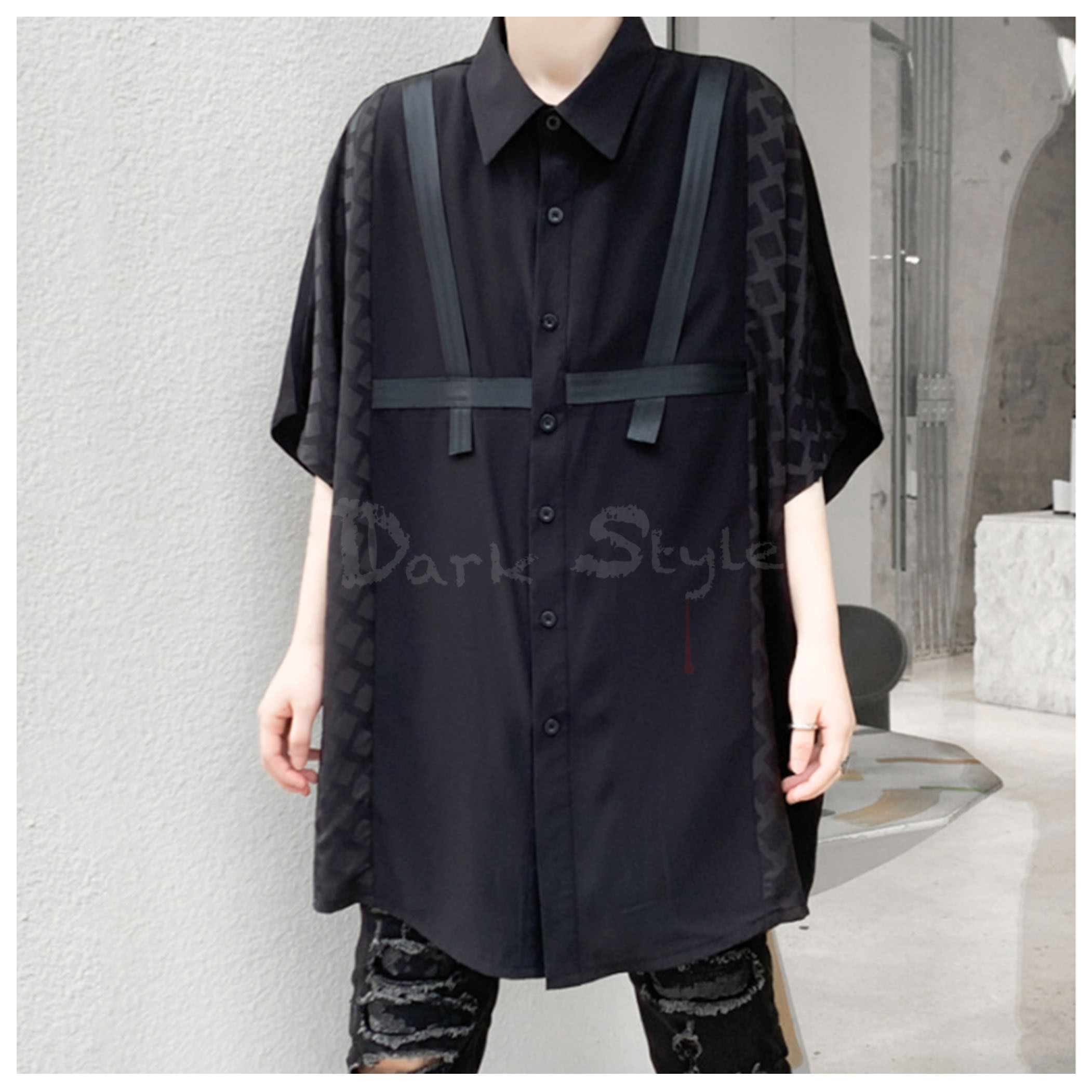 草-拼布織帶長版解構襯衫