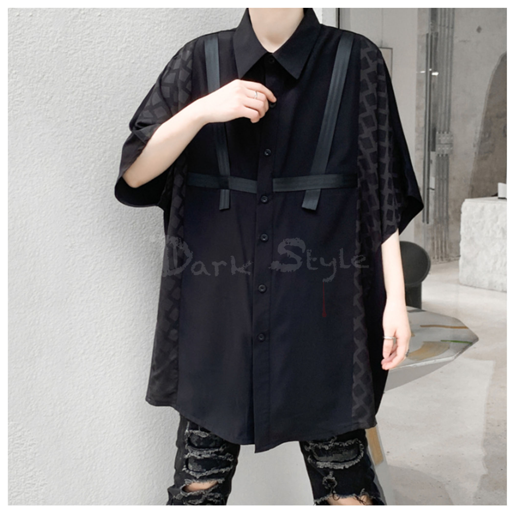 草-拼布織帶長版解構襯衫