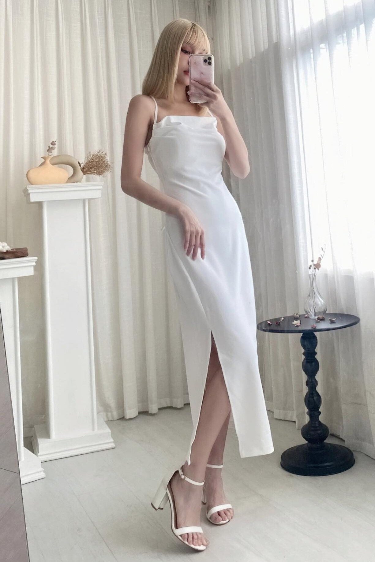 交叉綁帶美背開衩晚禮服長洋裝（白色S/M）01