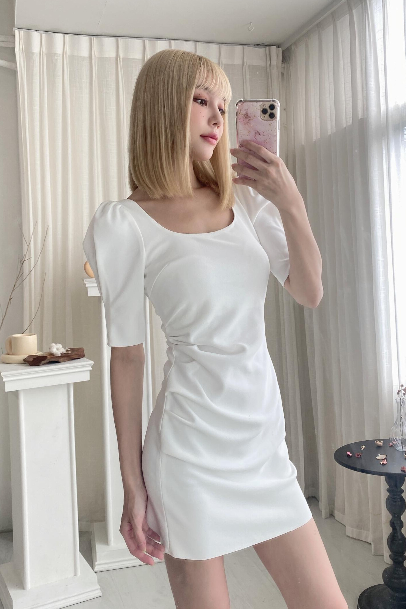 獨家♡打褶設計大U領包臀洋裝（白色S/M）01