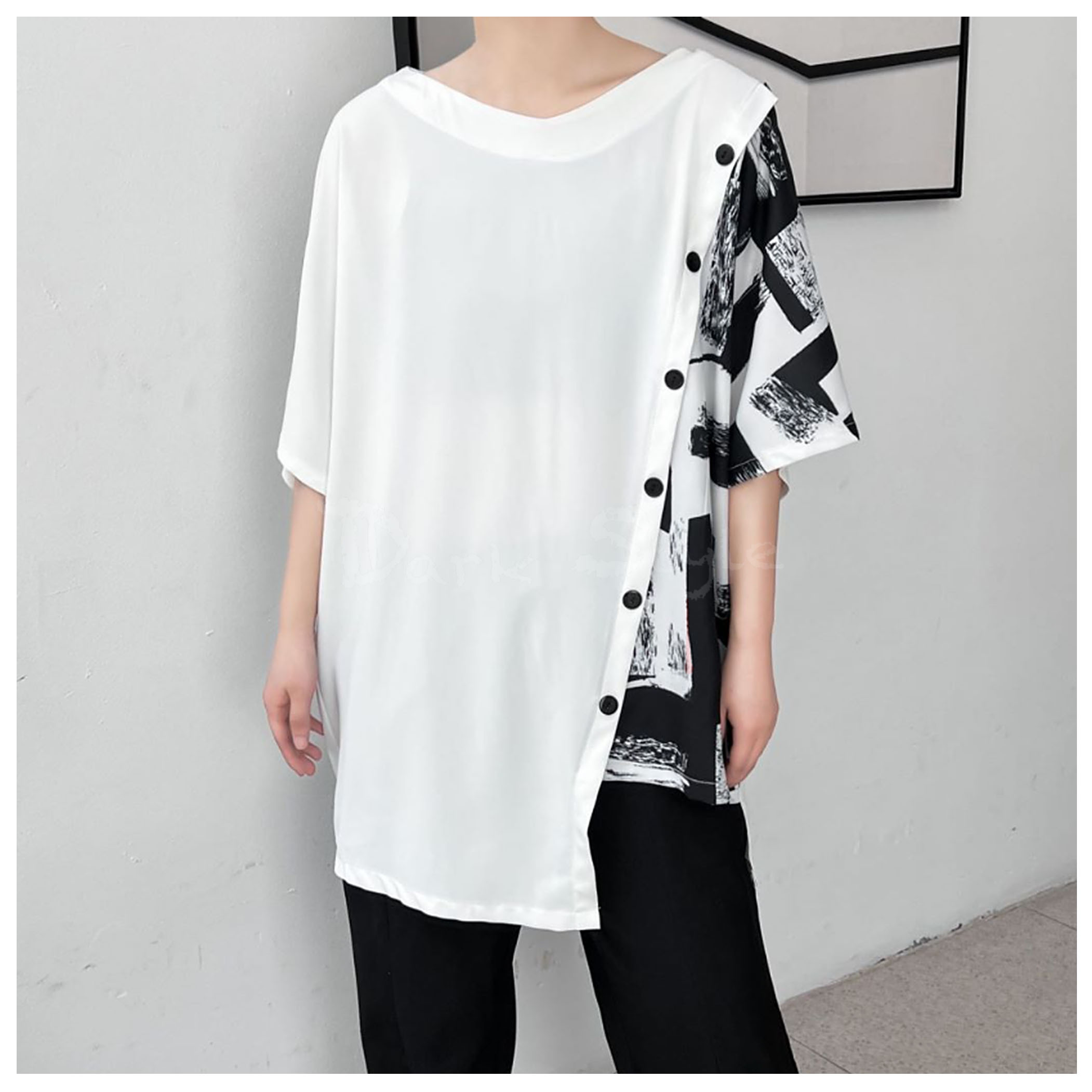 雪貂-拼布不規則下擺短袖上著