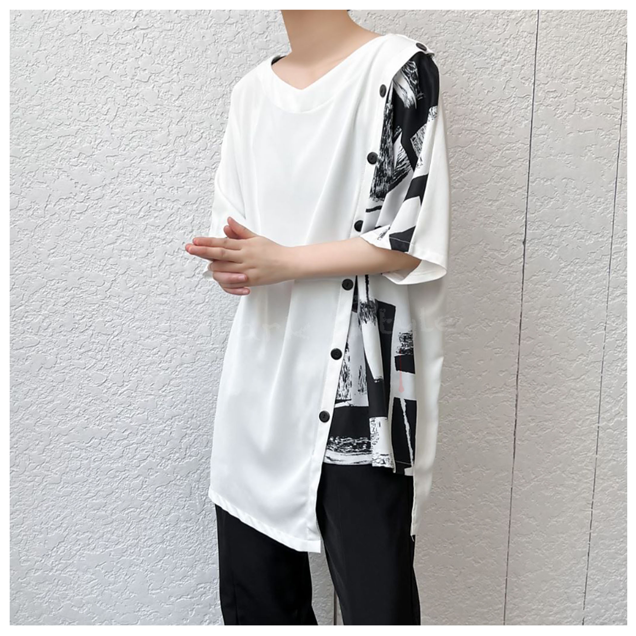 雪貂-拼布不規則下擺短袖上著