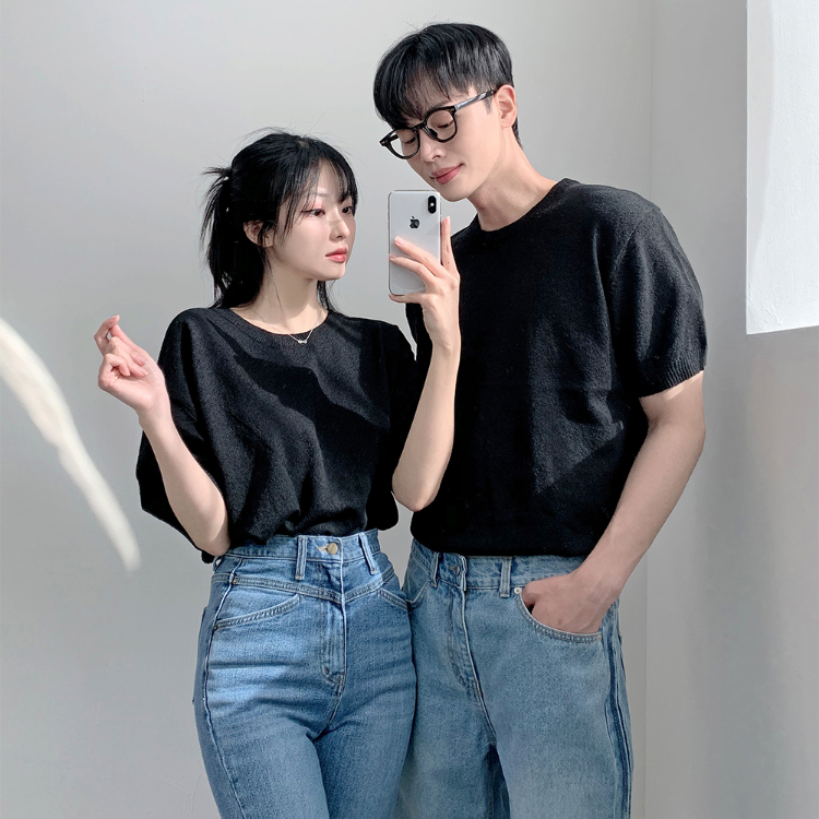 純色圓領短袖針織上衣(七色)