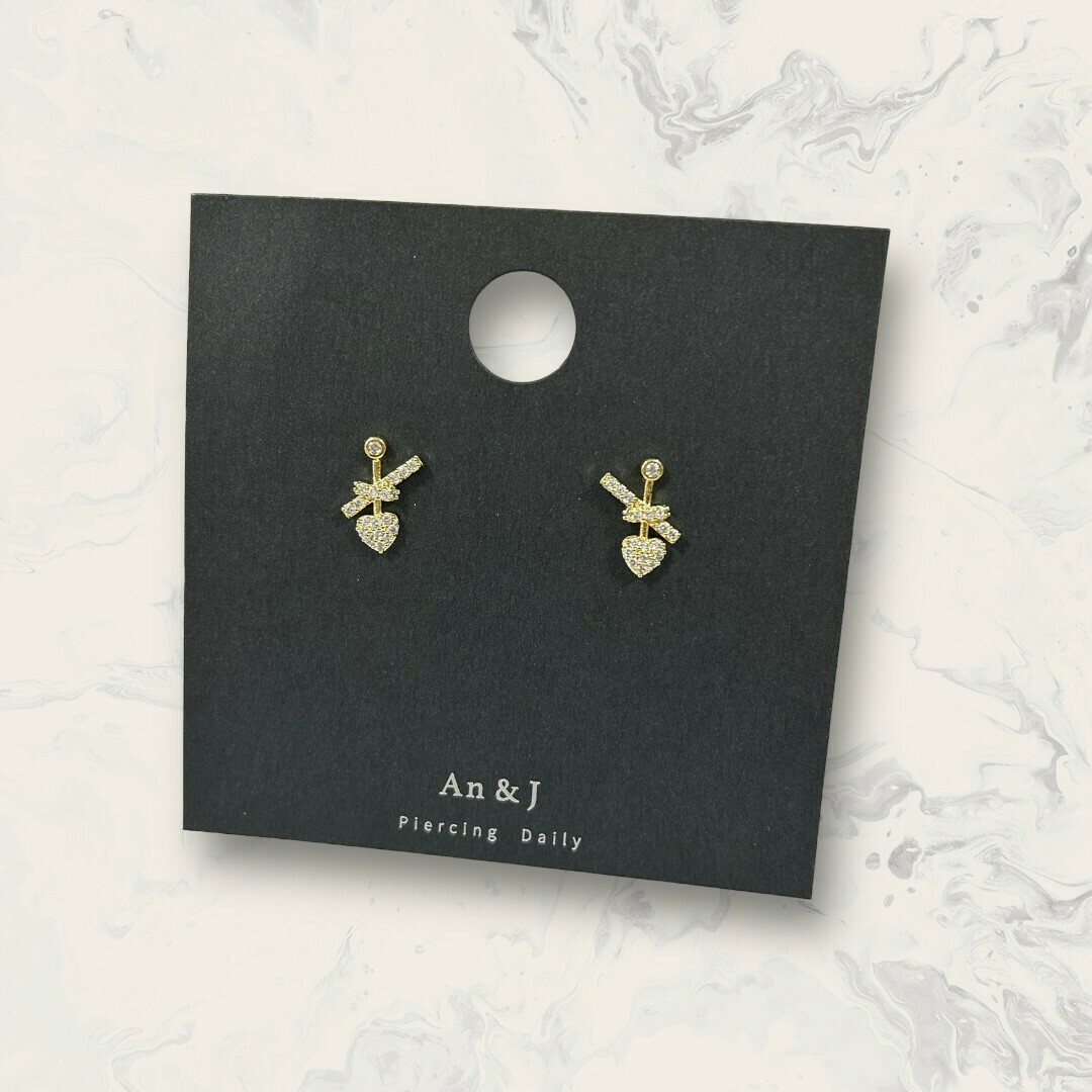 韓國直送-銀針 圓包鋯下金線中線鋯結吊滿鋯小愛心 鍍14K