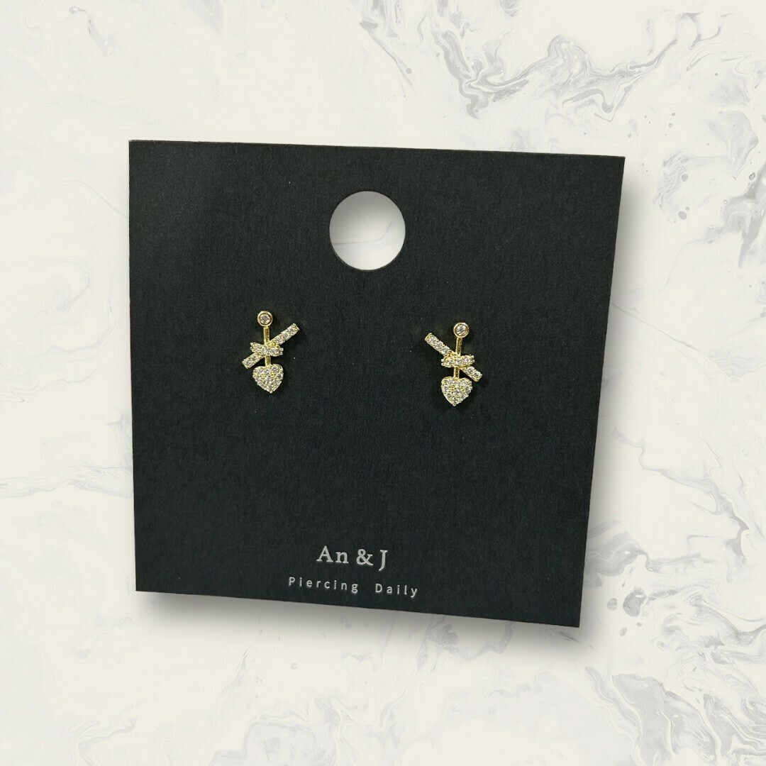 韓國直送-銀針 圓包鋯下金線中線鋯結吊滿鋯小愛心 鍍14K